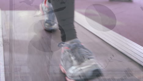 animación del procesamiento de datos estadísticos sobre la sección baja de mujeres que caminan en cinta de correr en el gimnasio