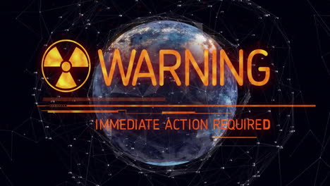 Animation of warning text and digital data processing over globe