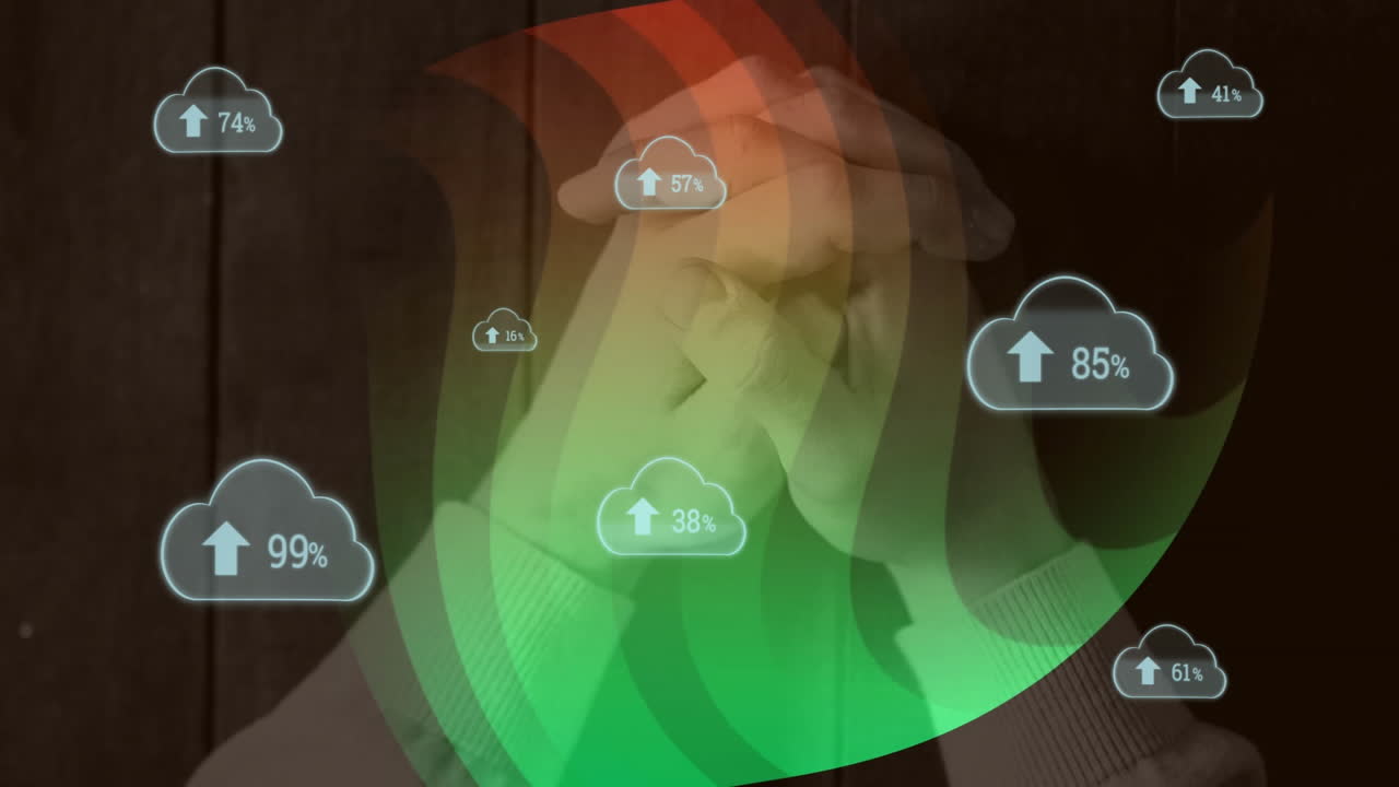 Animation of cloud storage icons with data overlay, thoughtful person in background