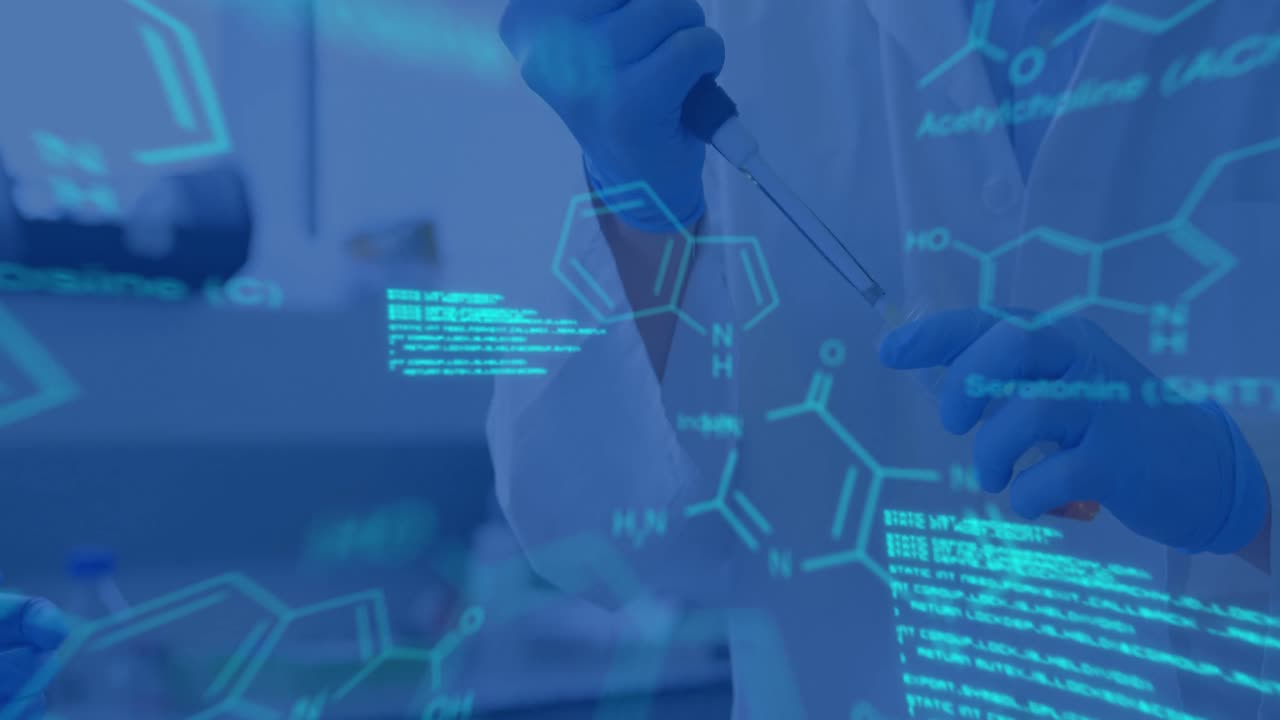 animación del procesamiento de datos científicos sobre el científico en el laboratorio