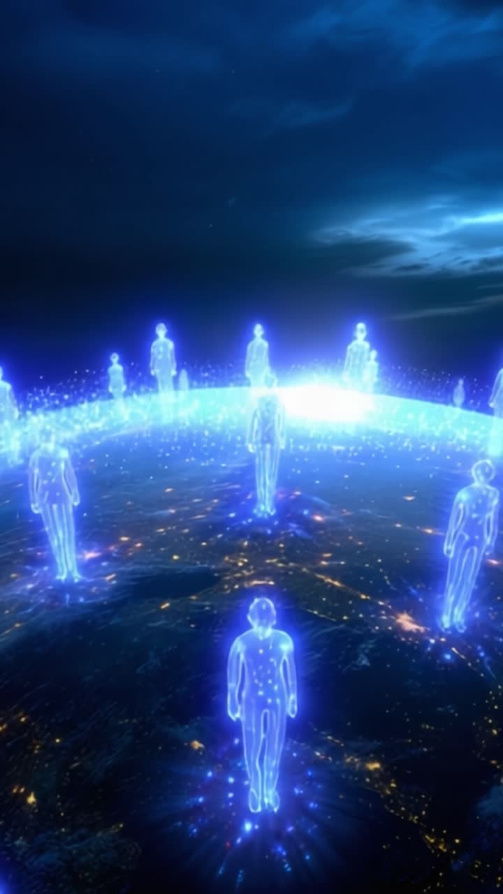 Úchvatná éterická scéna zobrazující zářící lidské postavy stojící na zářící planetě, obklopené třpytivou kosmickou krajinou a blikajícími hvězdami.