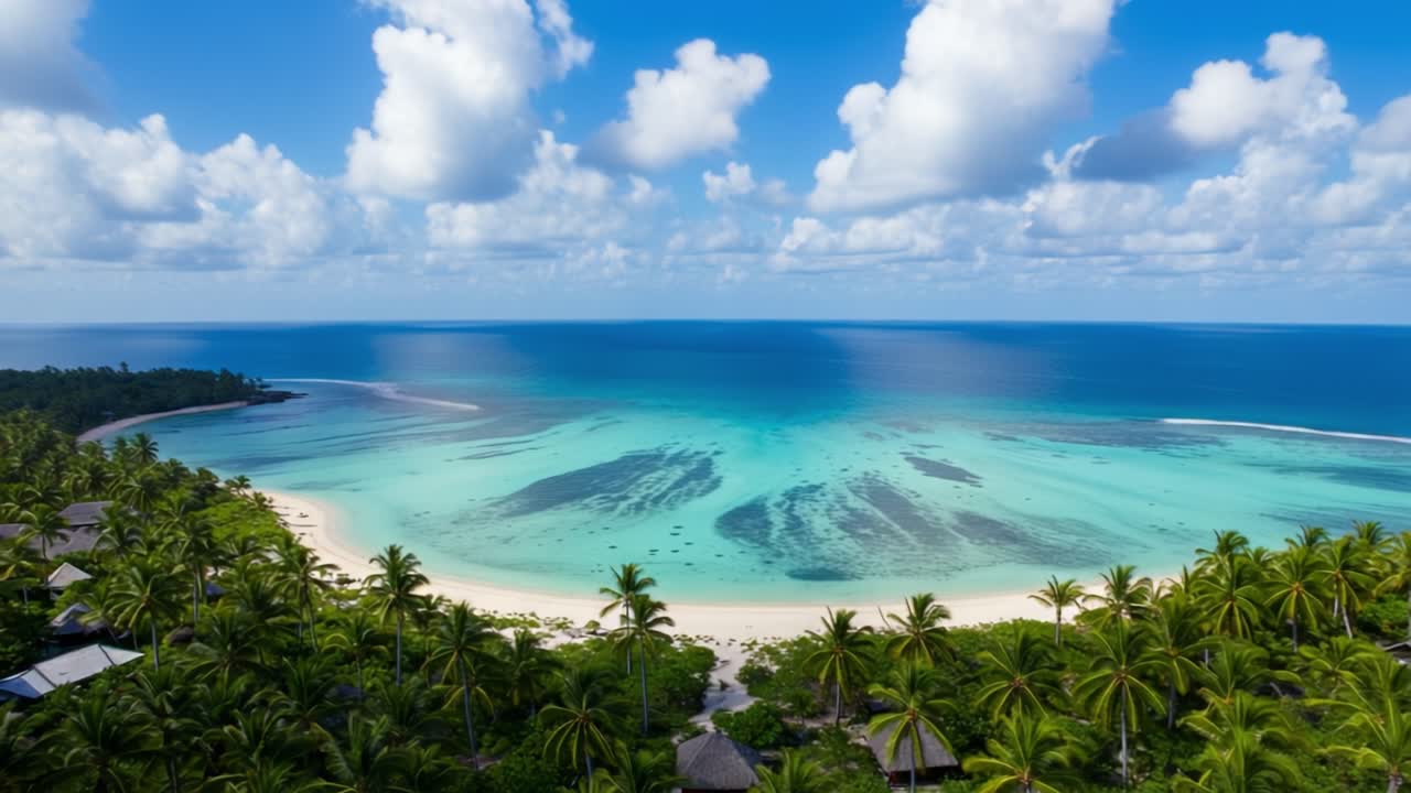 The view captures a vibrant tropical coastline featuring soft white sand and crystal-clear turquoise waters. Lush palm trees line the beach, creating a picturesque setting that invites relaxation. The sky is filled with fluffy white clouds, allowing sunlight to shimmer upon the water's surface. This