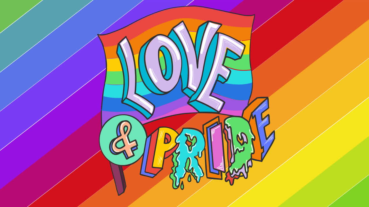 무지개 줄무 ⁇  위에  ⁇ 발과 함께 사랑과 자부심의 애니메이션 텍스트