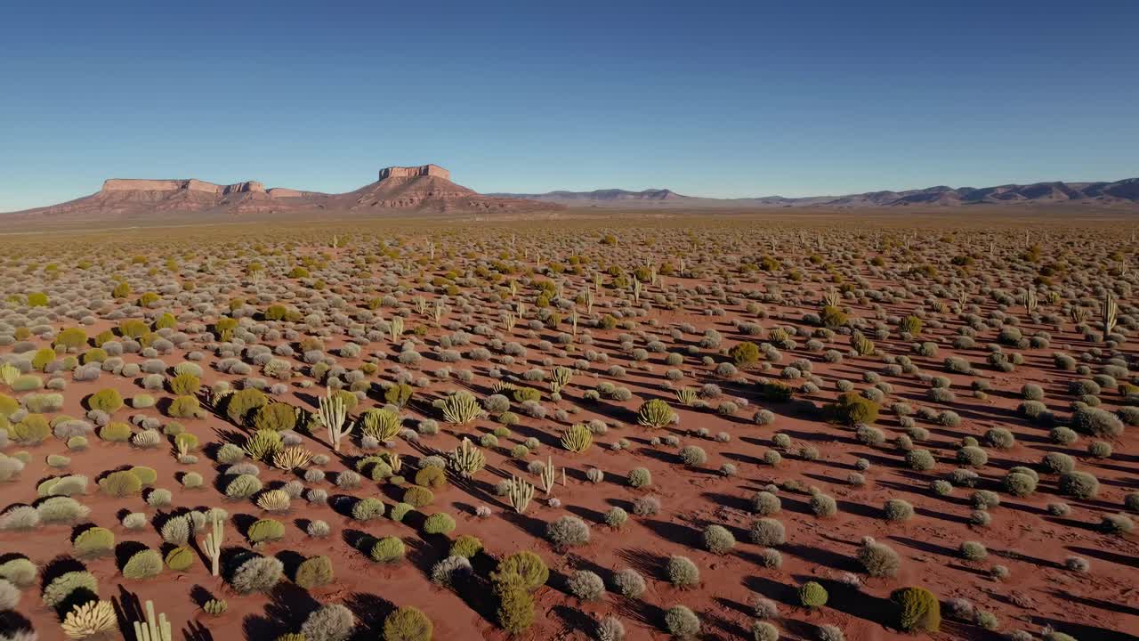 Aerial video captures a vast desert landscape with scattered shrubs and mesas under a clear blue