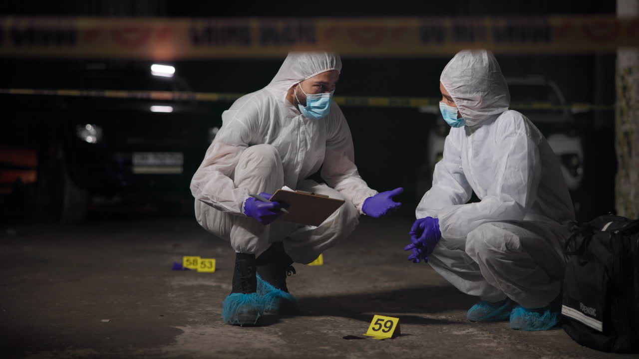 Crime scene investigators examine evidence at a crime scene