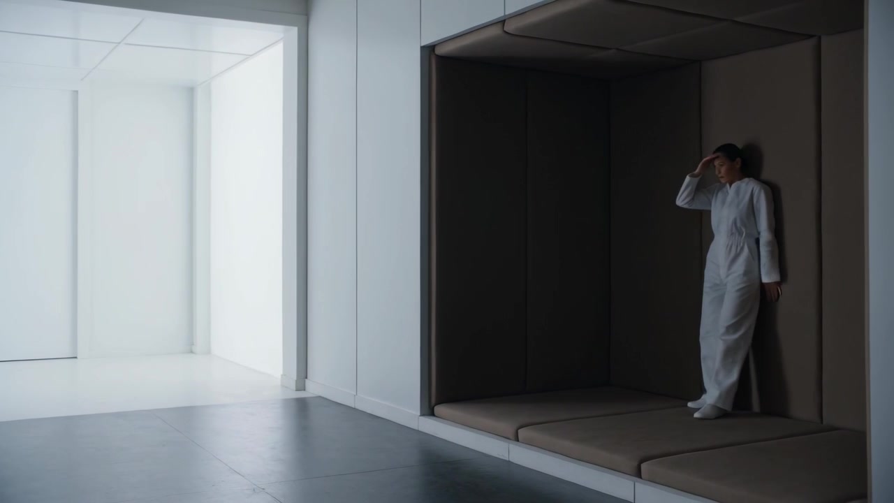 Entering jumpsuit woman from lit chamber shielding eyes, stepping up, leaning on alcove, copy space