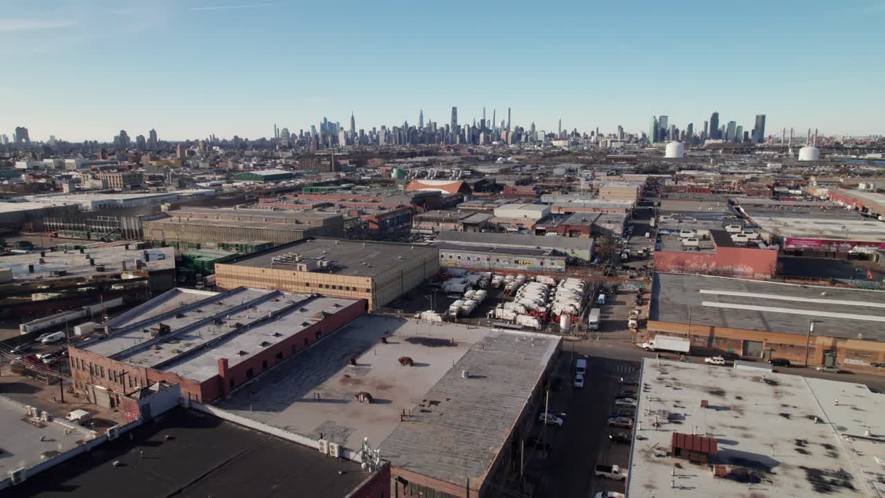 East Williamsburg, Brooklyn. 4K drone shot with industrial park and warehouses.