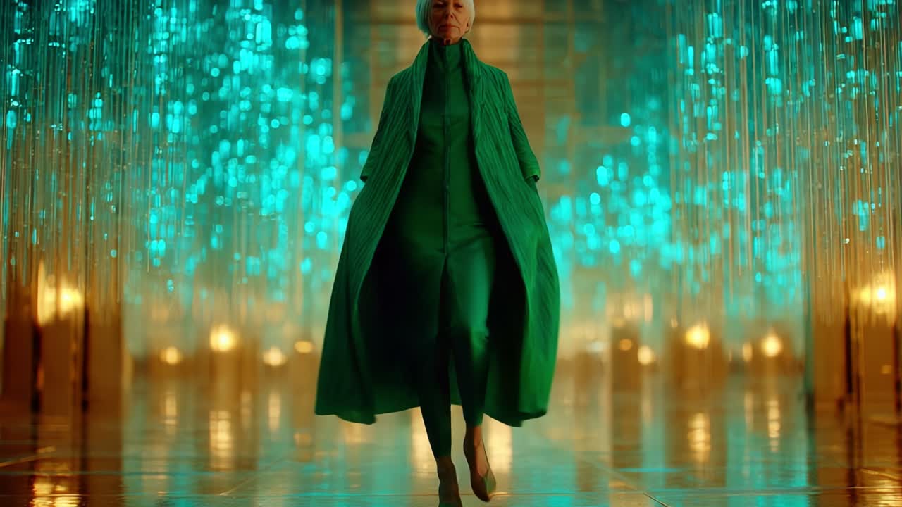 A graceful figure in a flowing green coat glides through a captivating space illuminated by shimmering lights, creating an enchanting atmosphere of elegance and allure