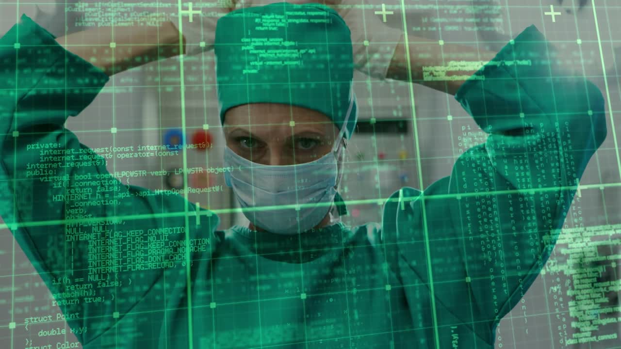 Animation of data processing over caucasian female surgeon with face mask