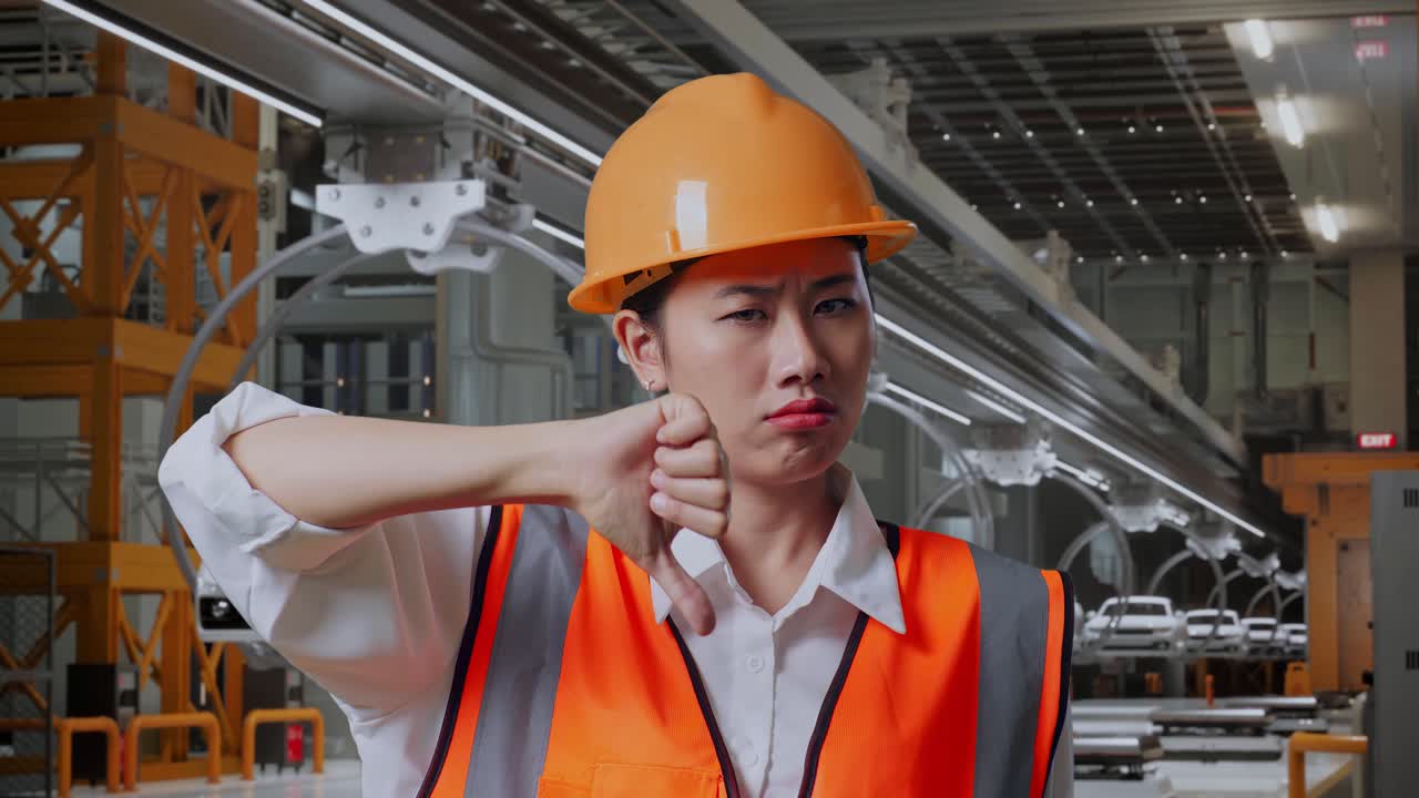 안전 헬을 착용한 아시아 여성 엔지니어가 엄지손가락을 내려놓고 머리를 흔들며 ev 자동차 공장에서 서 있습니다.