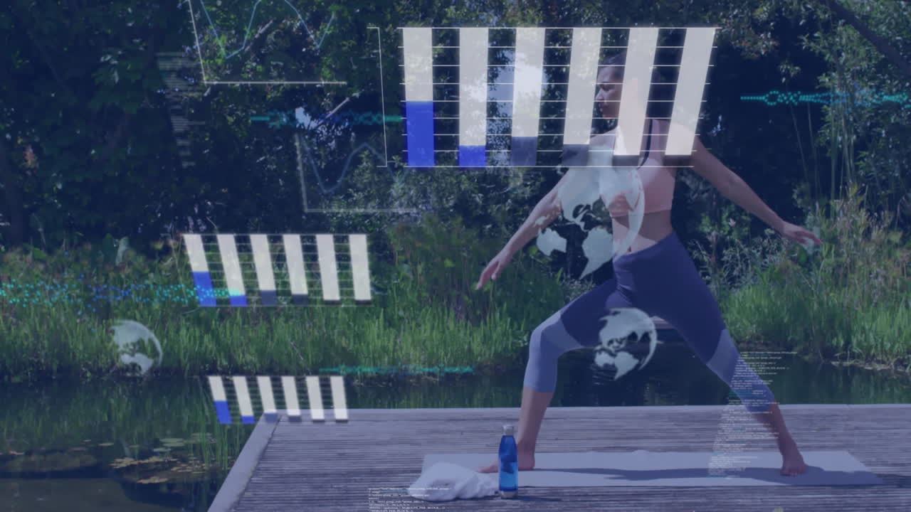 Woman practicing yoga pose on dock near pond, showing fitness technology overlays with charts, code