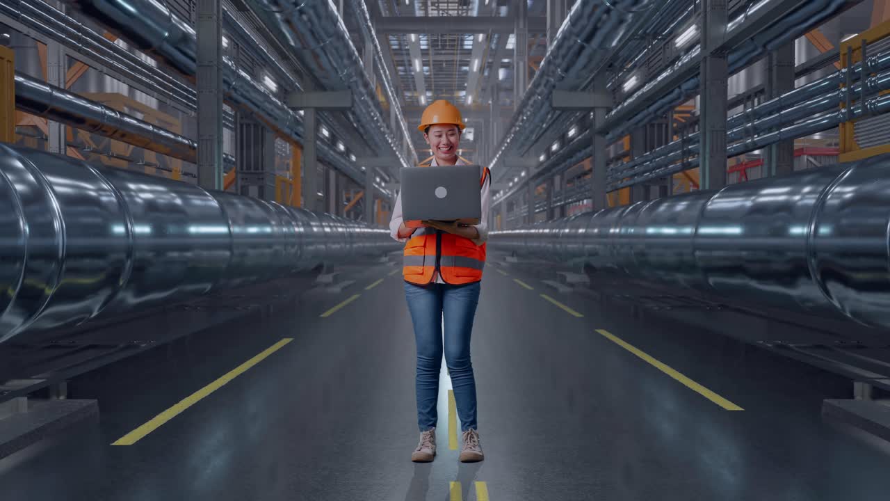 Full Body Of Asian Female Engineer With Safety Helmet Working On A Laptop While Standing With Metal Pipes