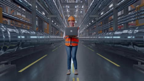 full body of asian female engineer with safety helmet working on a laptop while standing with metal pipes