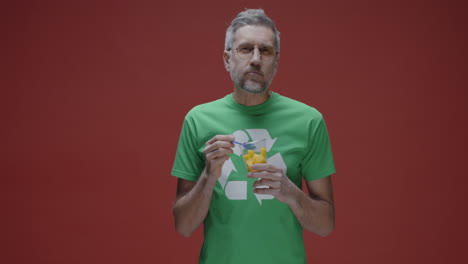 man eating recycled fruit snack