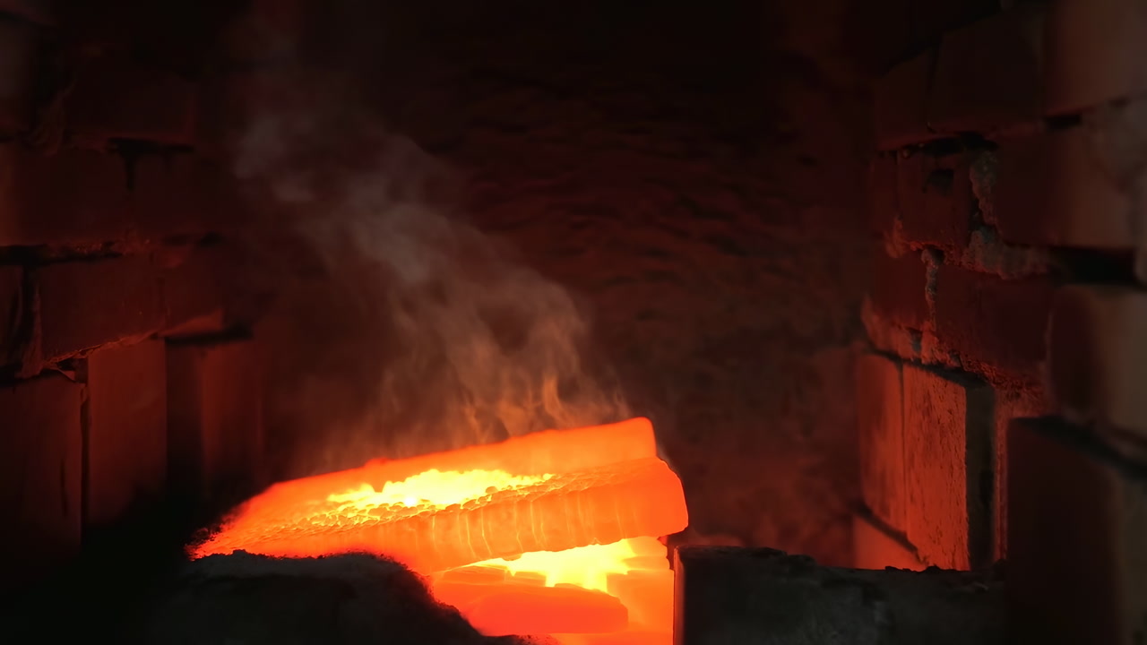 Molten Metal Glowing Inside Furnace, Brick Chamber Bathed In Orange Heat, Wisps Of Smoke Rising From Liquid