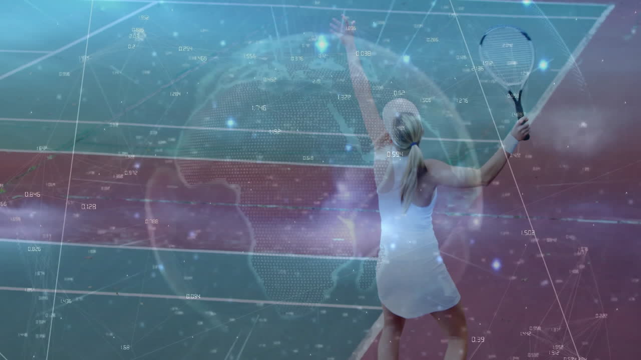 female tennis player swinging racket on court, displaying augmented reality technology graphics