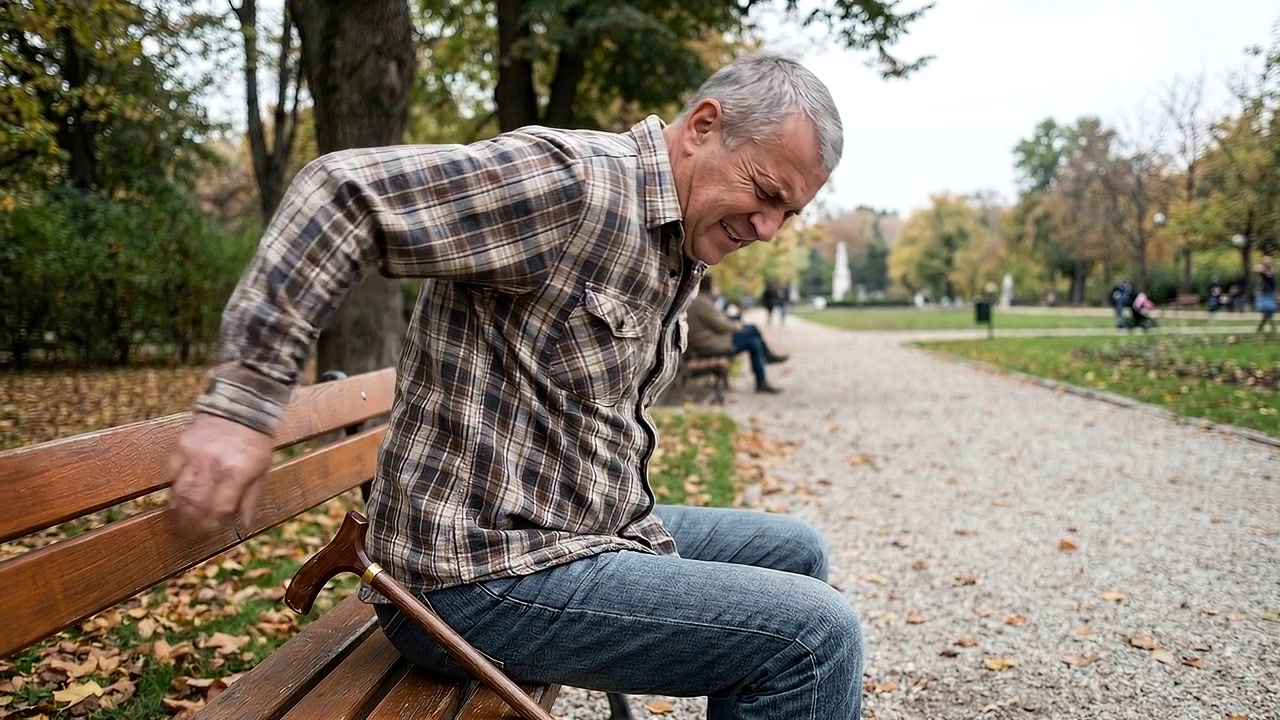 Senior Man Suffering From Back Pain While Sitting on Park Bench