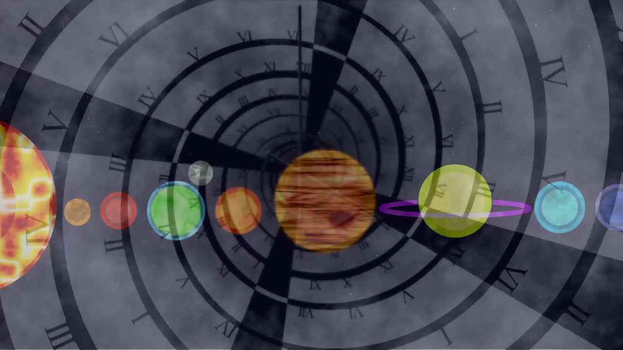 태양계, 행성 및 공간의 애니메이션 시계 티킹