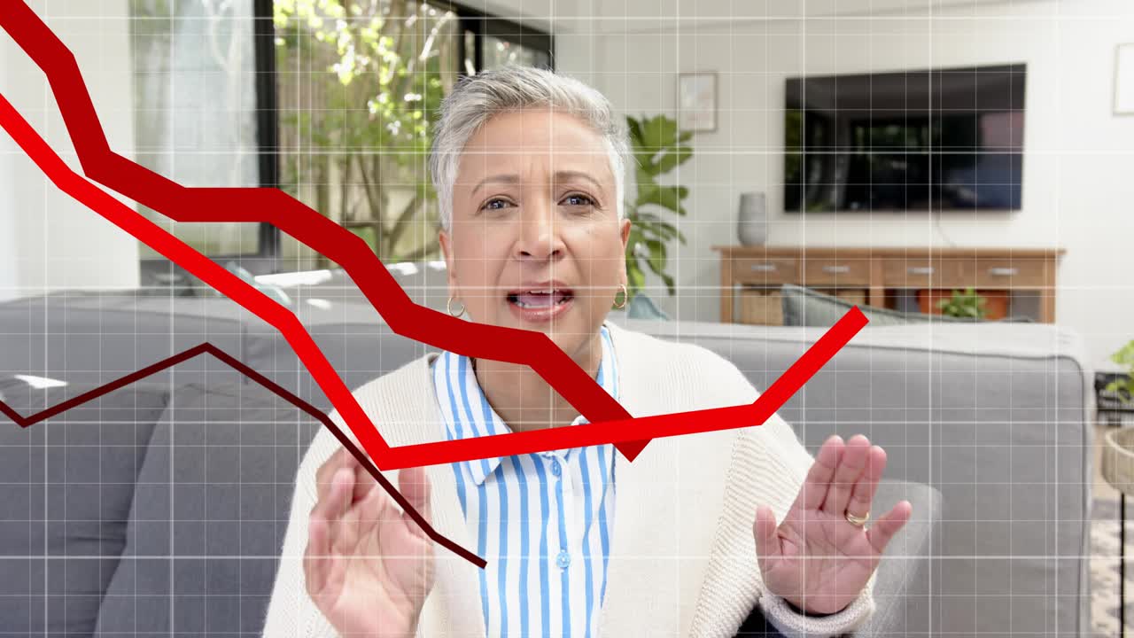 Woman speaking on couch, reacting as red chart lines appearing and moving, explaining market trends