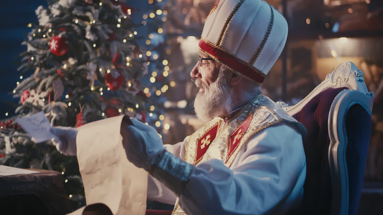Saint Nicholas reading a list in front of a Christmas tree