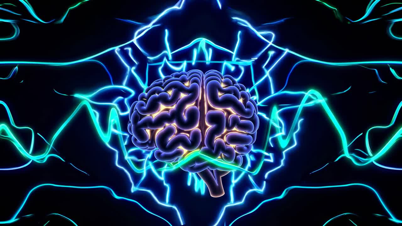Futuristic video concept of a glowing brain with neon blue and green lines