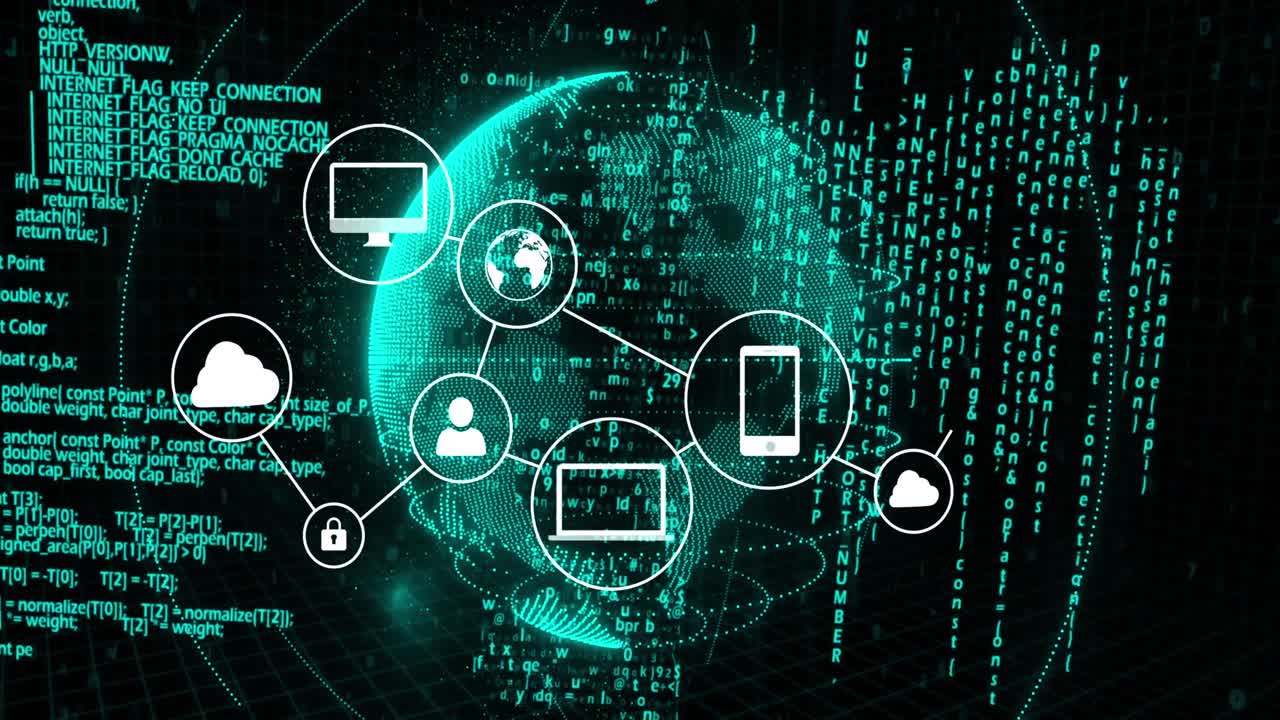 Animation of network of digital icons and connections with data processing over spinning globe