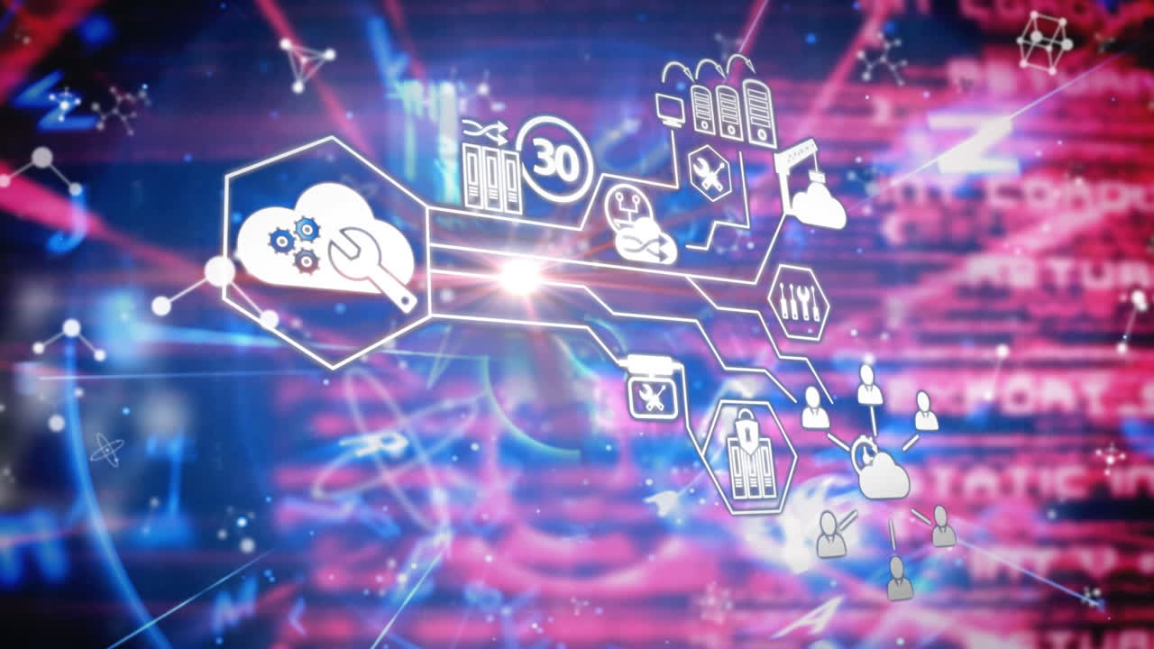 animación del procesamiento de datos sobre iconos y moléculas de medios