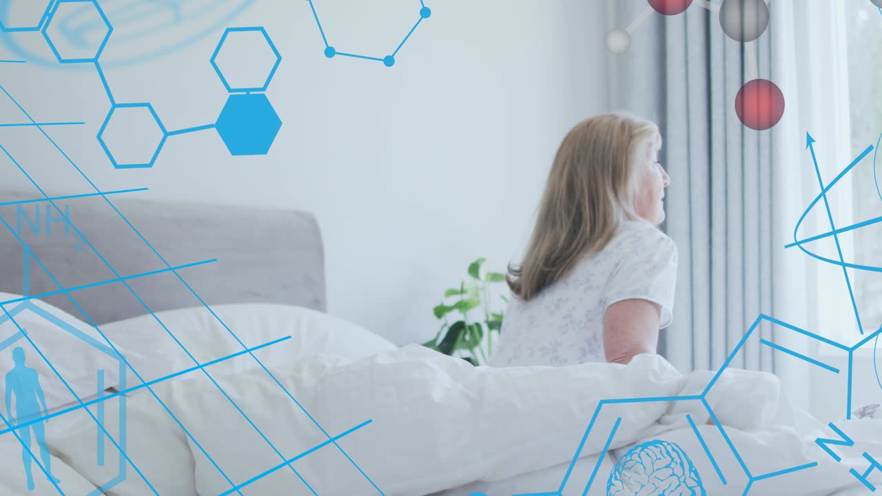 침실에서 고령 백인 여성에 대한 의학 아이콘과 분자의 애니메이션