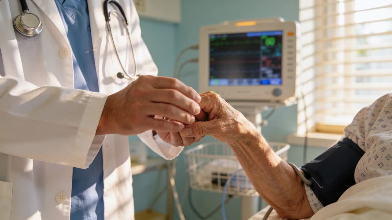 Paciente Estendendo o Braço Direito para Médico de Jaleco Branco Verificando o Pulso, com Aparelho de Pressão ao Lado da Cama