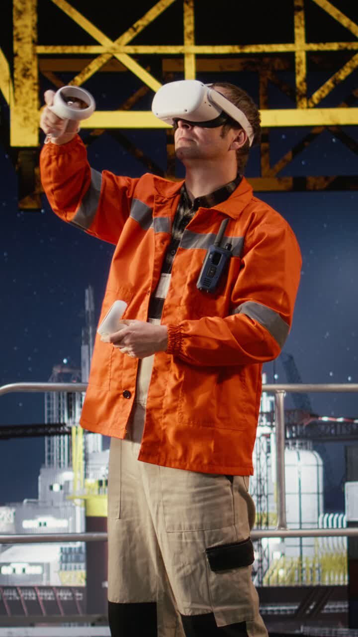 Vertical Video Engineer on offshore platform near oil rig use VR goggles to monitor drilling