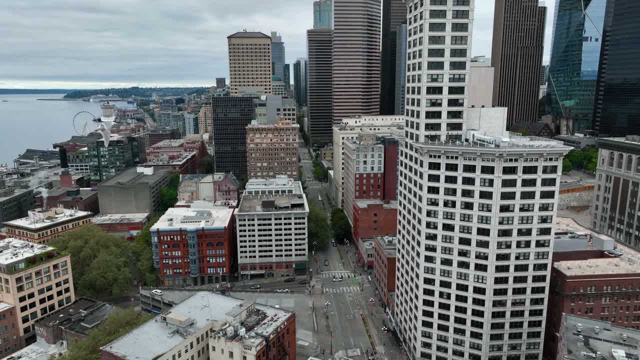 Drone shot of Pioneer Square's Smith Tower with a seagull flying through the frame