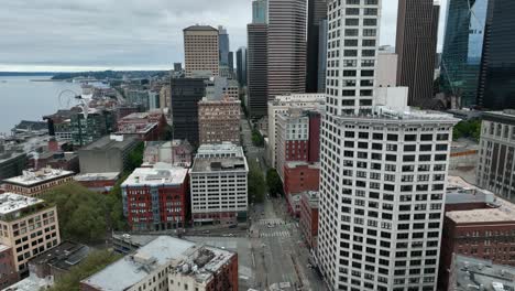 drone shot of pioneer square's smith tower with a seagull flying through the frame