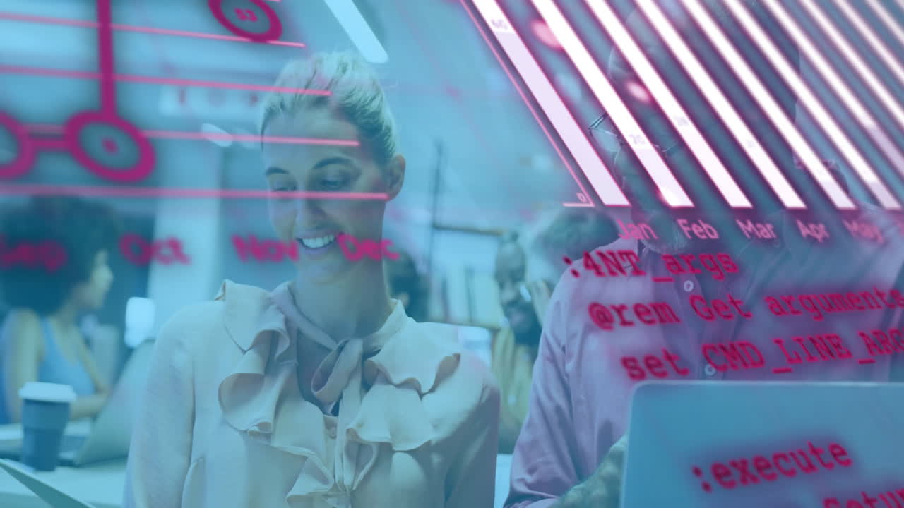 animación del procesamiento de datos financieros sobre diversas personas de negocios en la oficina