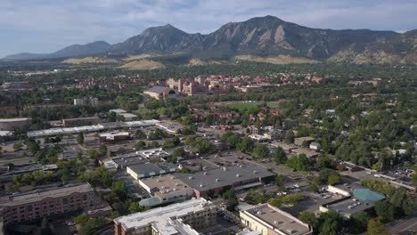 descending aerial view of colorado springs with rocky mountains in the background