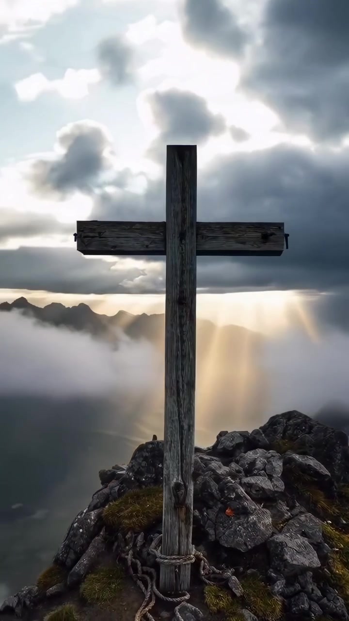 Croce di legno che si erge sulla vetta di una montagna sopra le nuvole