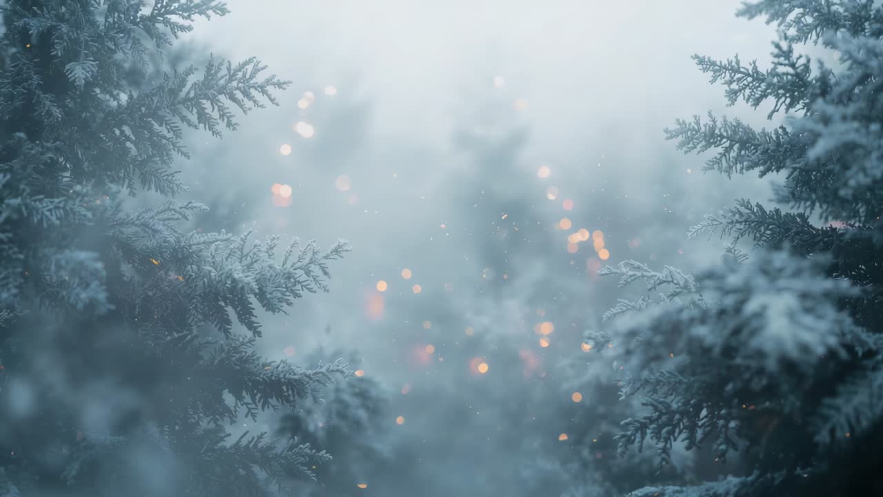 Spostamento della messa a fuoco della fotocamera, rami sempreverdi brinati che fluttuano in una radura nebbiosa, con bokeh caldo