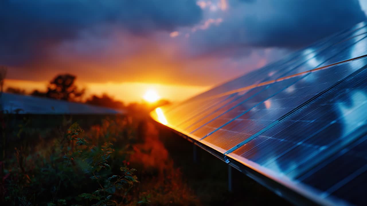Breathtaking Sunset Over a Solar Farm Illuminates the Panels in Warm Hues, Showcasing Renewable Energy's Beauty and the Promise of a Sustainable Future