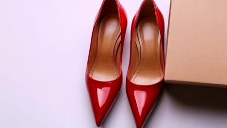 pair of red high heels with a cardboard box