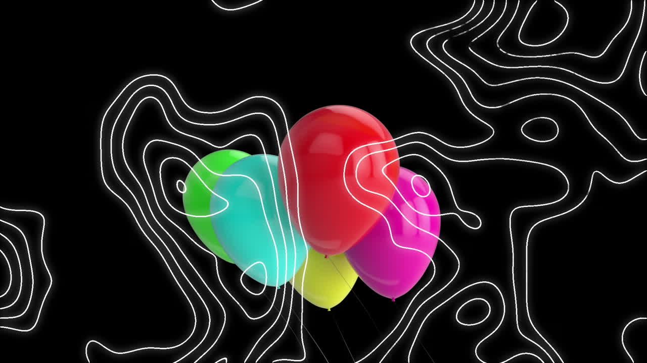 검은색 바탕 위에 움직이는  ⁇ 색 선과 날아다니는 풍선의 애니메이션