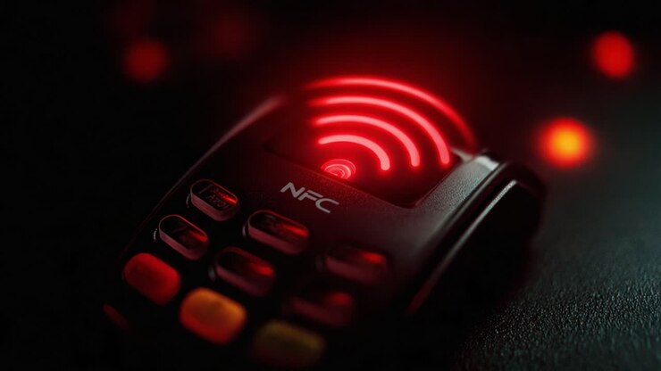 Primo piano di un moderno dispositivo NFC illuminato da una luce rossa, che mostra i suoi pulsanti e l'indicatore del segnale wireless, enfatizzando la tecnologia e la connettività in ambienti bui