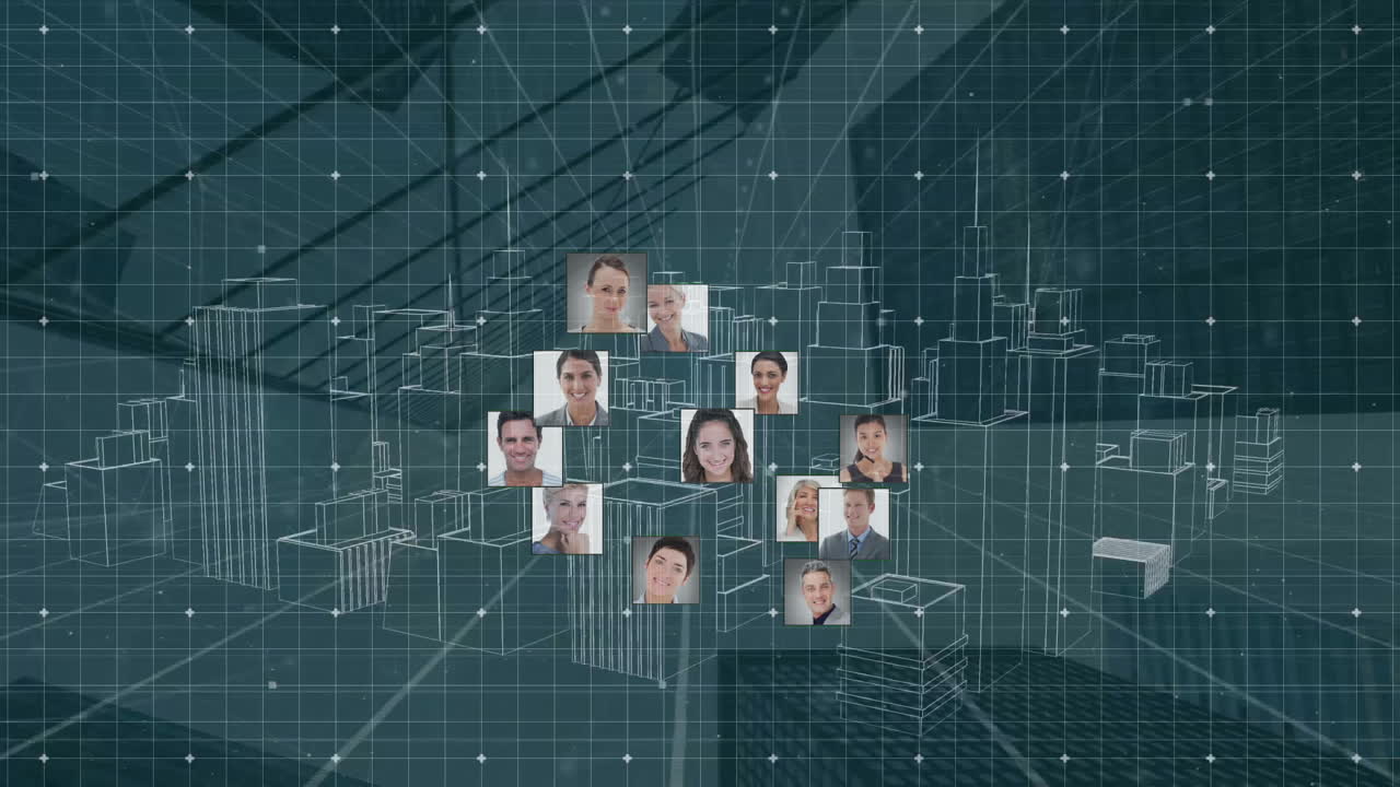 Animazione di rete di connessioni con persone d'affari su paesaggio urbano