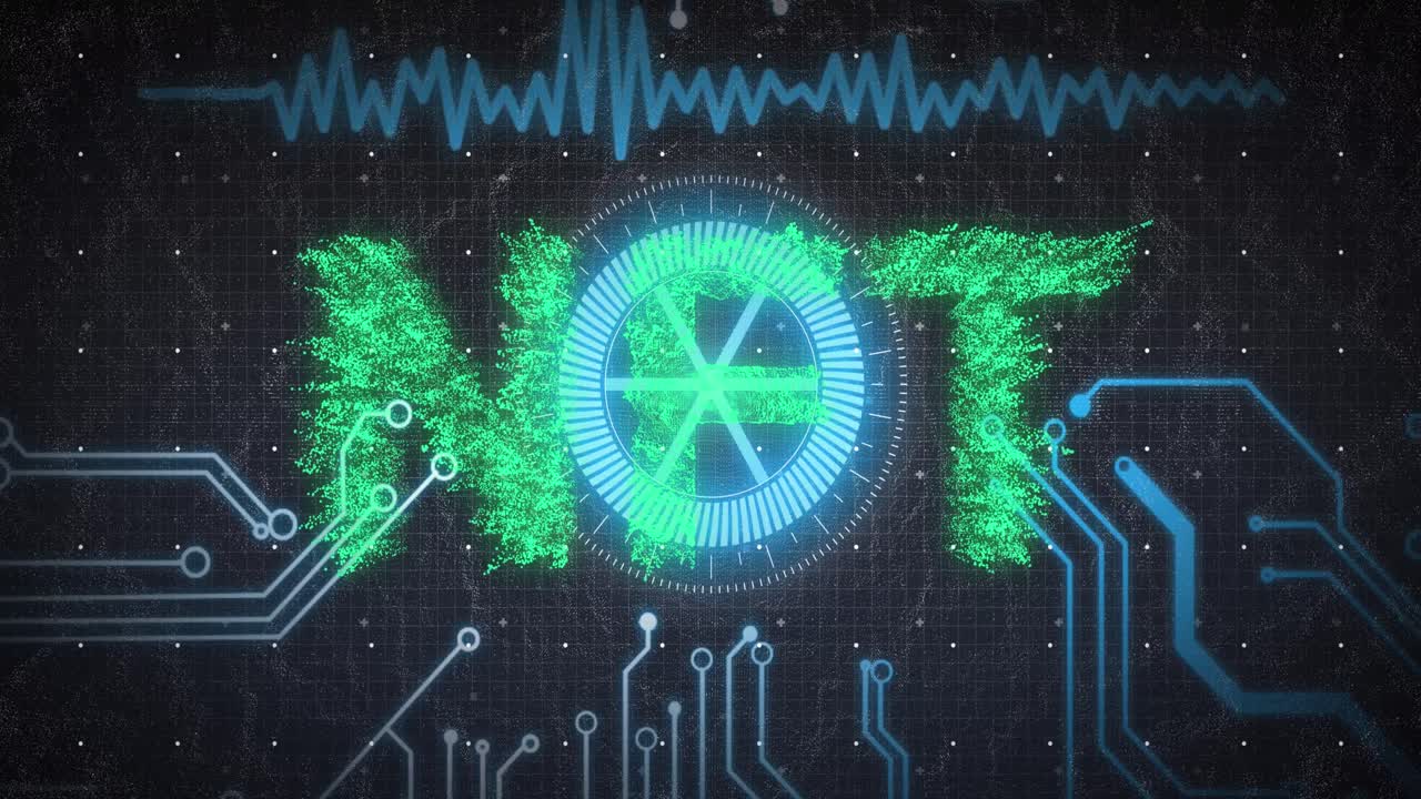 검은색 배경 위에 스캔 스과 nft 텍스트를 가진 디지털 인터페이스의 애니메이션