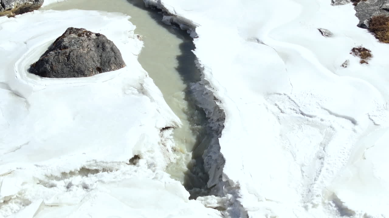ネパールの高地ヒマラヤ、エベレスト地域における山岳風景。雪解け水が川となって流れ、環境変化を浮き彫りにしている。