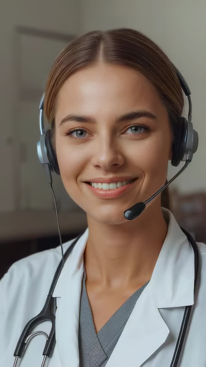 Video verticale: inizio chiamata, medico che parla con l'auricolare in clinica, indossa camice da laboratorio e stetoscopio