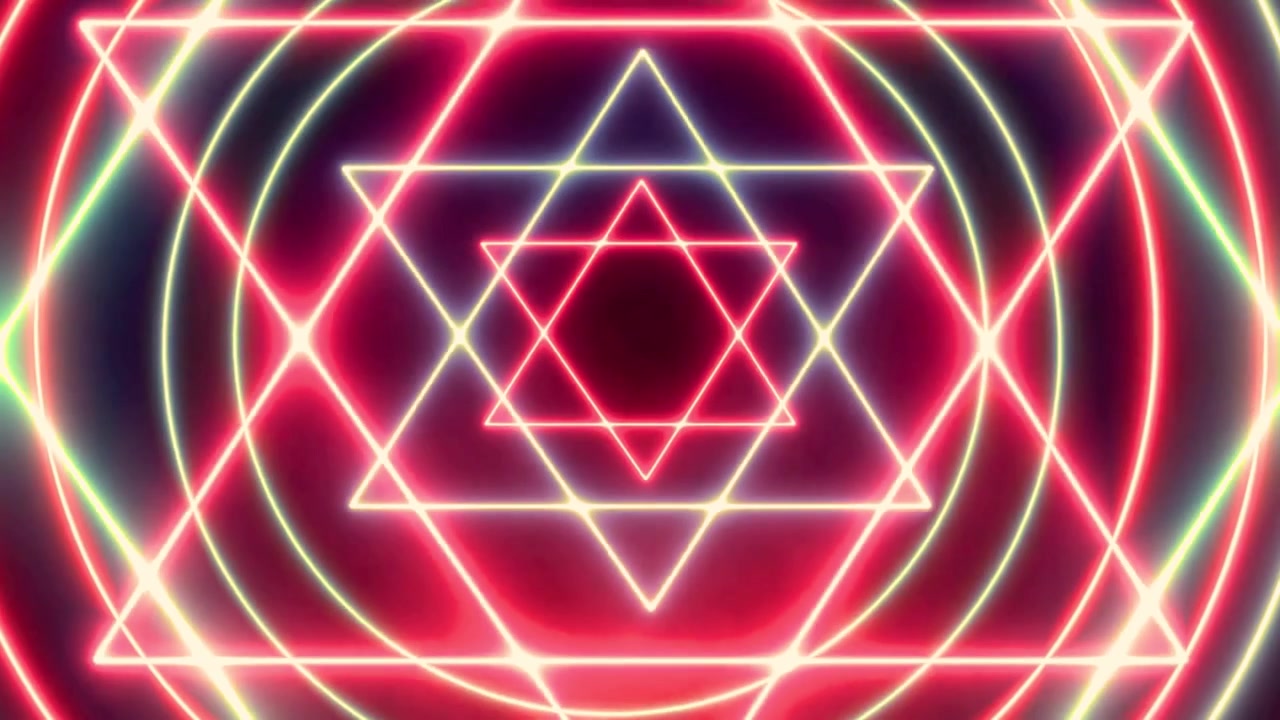 Loop astratto geometrico con esagramma e cerchi al neon in espansione