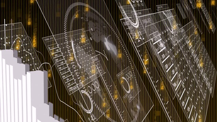 Animazione di elaborazione dati finanziari e schermi su sfondo nero.