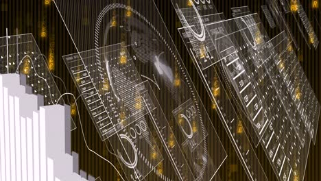 Animation of financial data processing and screens over black background