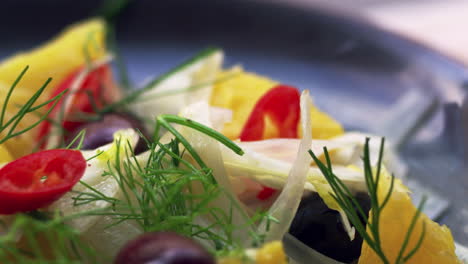 Shaved-fennel-and-orange-salad,-extreme-close-up,-zoom-out