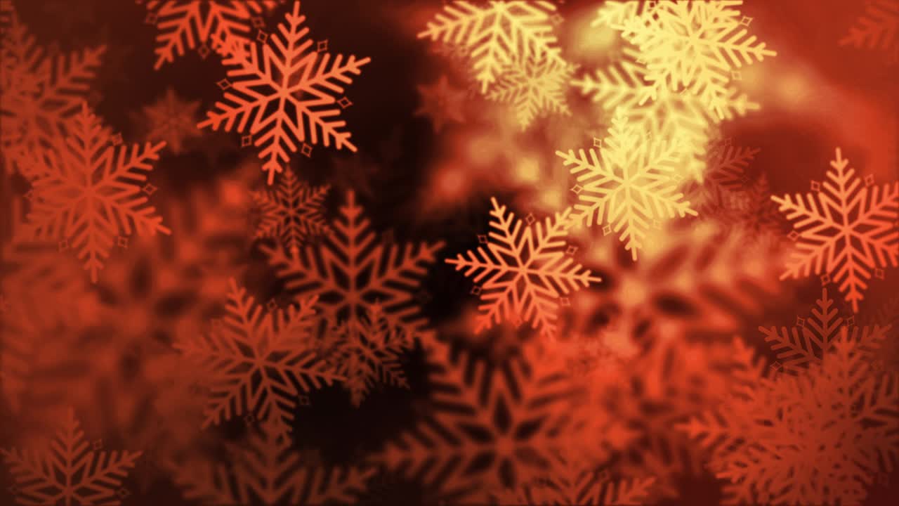 Loop de fundo com flocos de neve dourados caindo, vista superior, com efeito bokeh e foco seletivo. Animação 4K 3D contínua para Natal e Ano Novo, conceito de fundo abstrato dourado brilhante