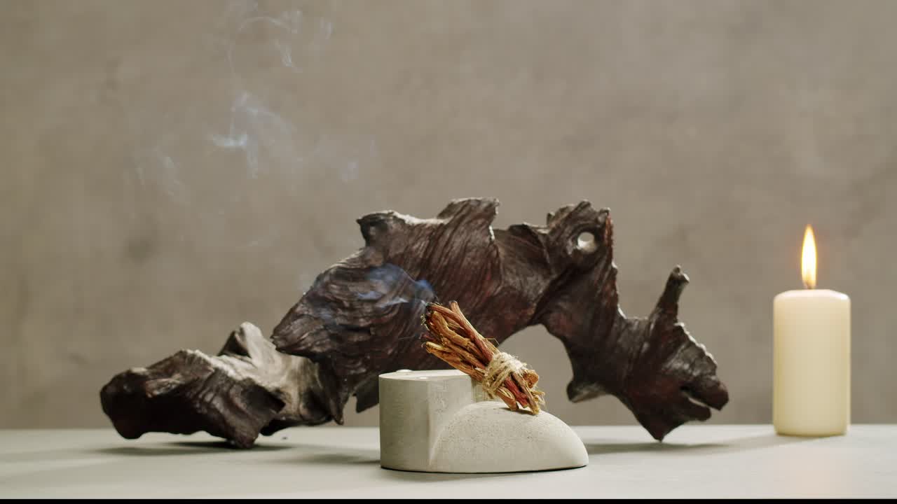 Person holding Palo Santo wood stick in hand, aromatic Palo Santo burning on black background, smoke spreading around, slow motion video clip, high quality 4k close up footage. High quality 4k footage